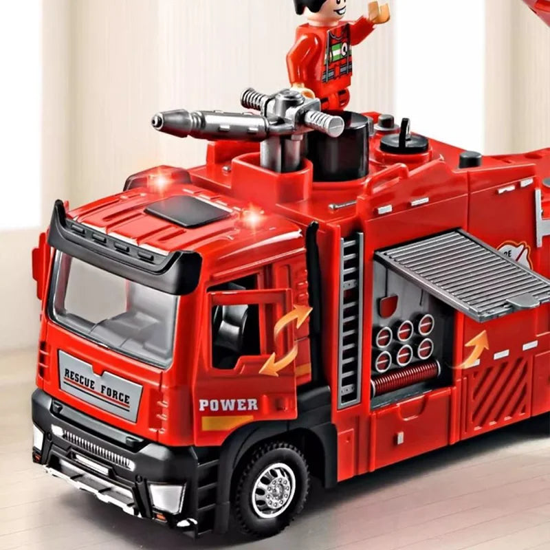A red fire truck toy with a driver figure, featuring lights and working components.