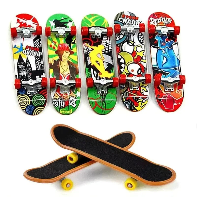 A collection of nine mini finger skateboards in various colors and designs for trick practice.