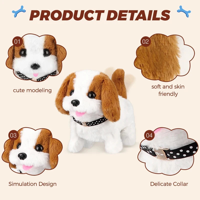 Product details showing a white and brown plush puppy toy with various accessories like modeling, design, and a delicate coll