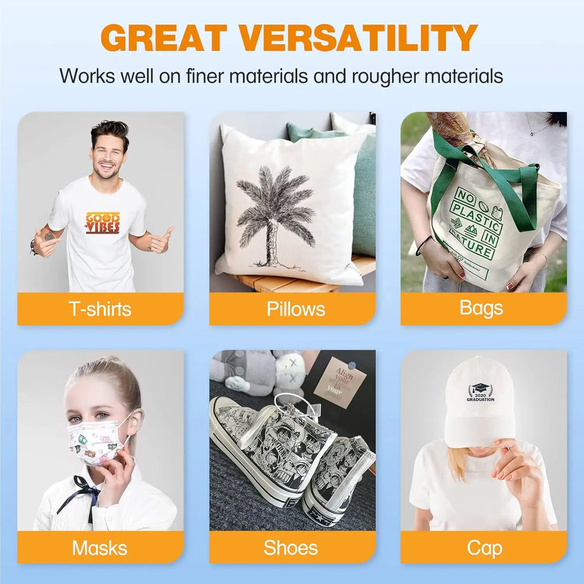 Various products including T-shirts, pillows, bags, masks, shoes, and a cap made with matte clear DTF transfer film sheets