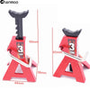 A red metal simulation jack stand with a key-shaped base and a silver clamp, used for RC crawlers.