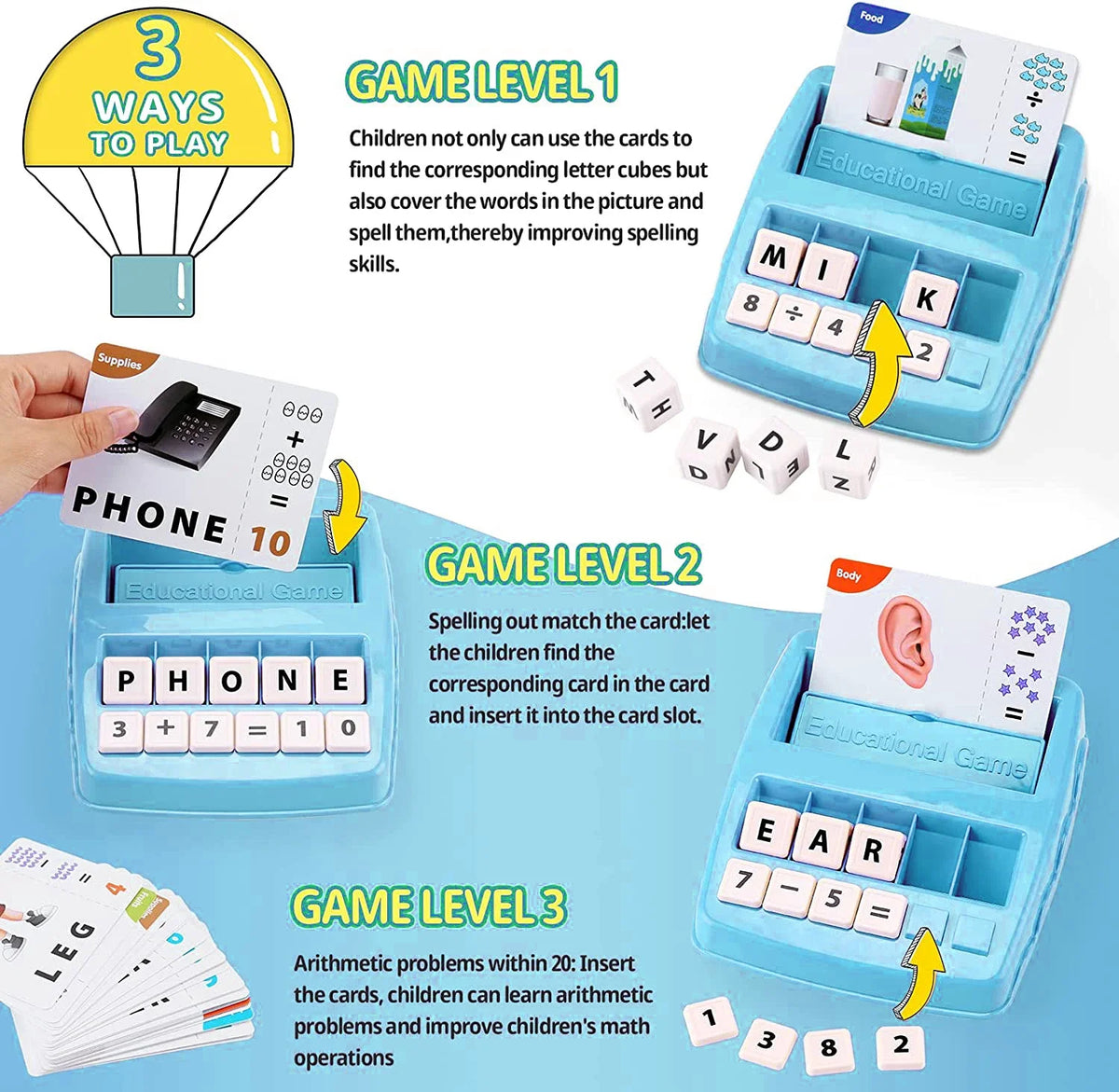 A set of three educational games for children including a letter game, a phone game, and an arithmetic game.