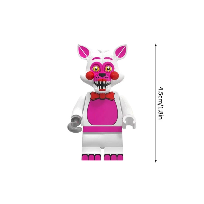 Mini building block figures of Five Nights at Freddy's Bonnie and friends with pink and white bodies