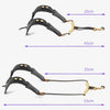 A black adjustable PU leather saxophone shoulder strap shown with various length measurements.