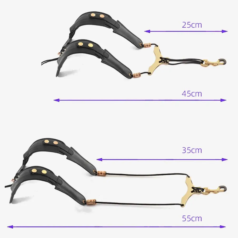 A black adjustable PU leather saxophone shoulder strap shown with various length measurements.