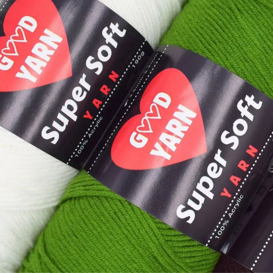 A close-up of a package of red and black acrylic yarn labeled Good Yarn Super Yarn