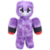 A purple plush toy resembling a pixelated creature with black eyes and red accents on the hands.