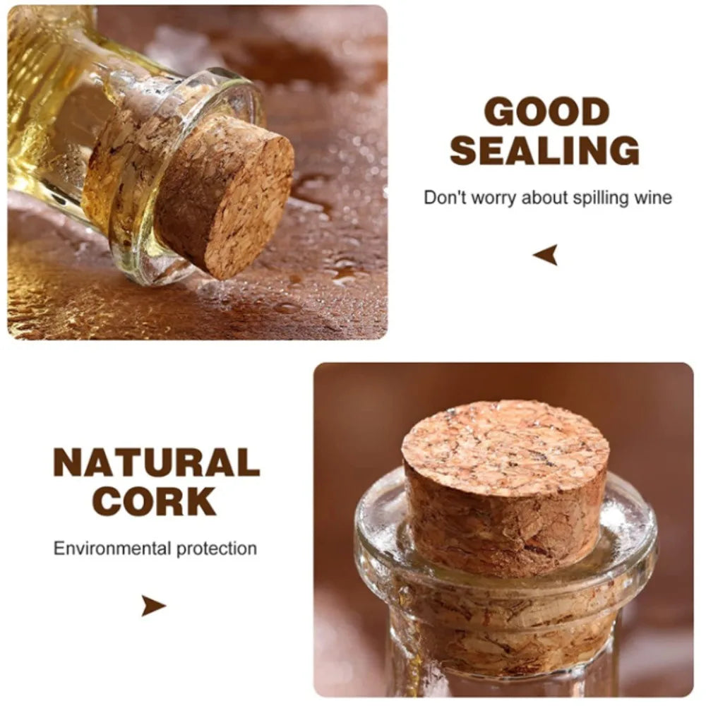 A glass bottle with a cork stopper is shown next to a natural cork, highlighting good sealing and environmental protection.