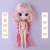 A pink Blyth 1/6 scale fashion doll with large blue eyes and long hair, shown with accessory parts.
