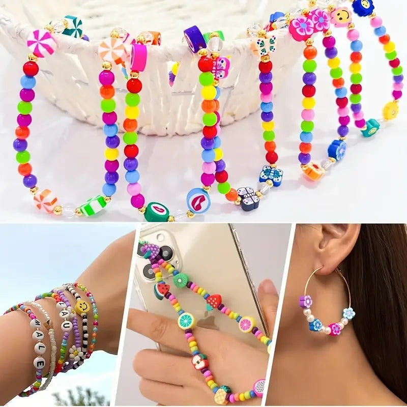 A collection of colorful beads and charms used for jewelry making, displayed on a white woven tray and on hands.