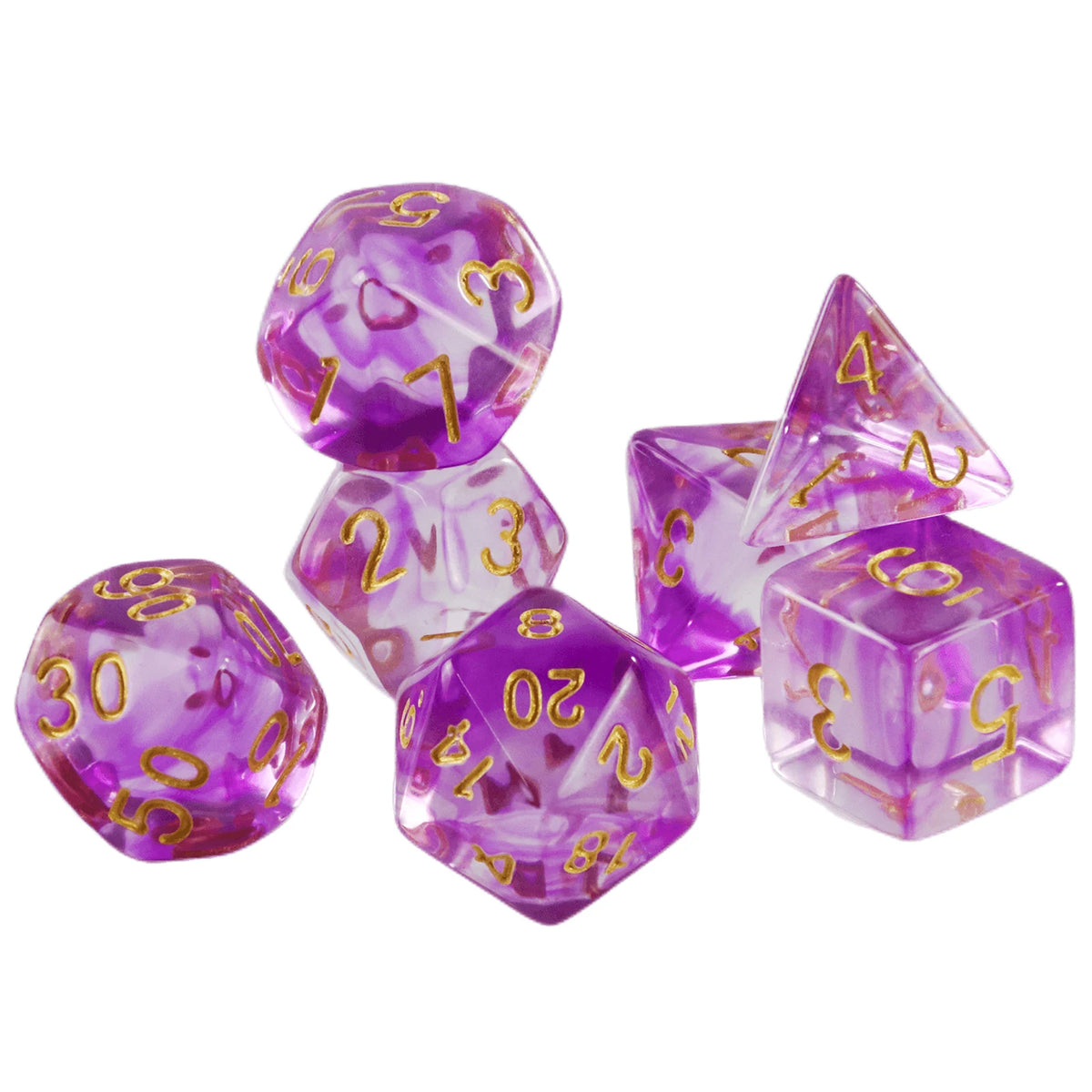 A set of seven polyhedral dice in purple glass with a haze swirl effect for role-playing games