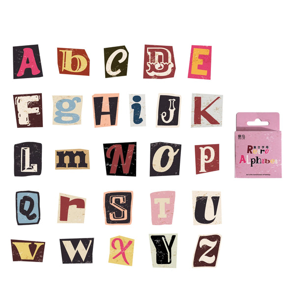 A collection of vintage letter stickers in various colors and styles, including uppercase and lowercase letters.