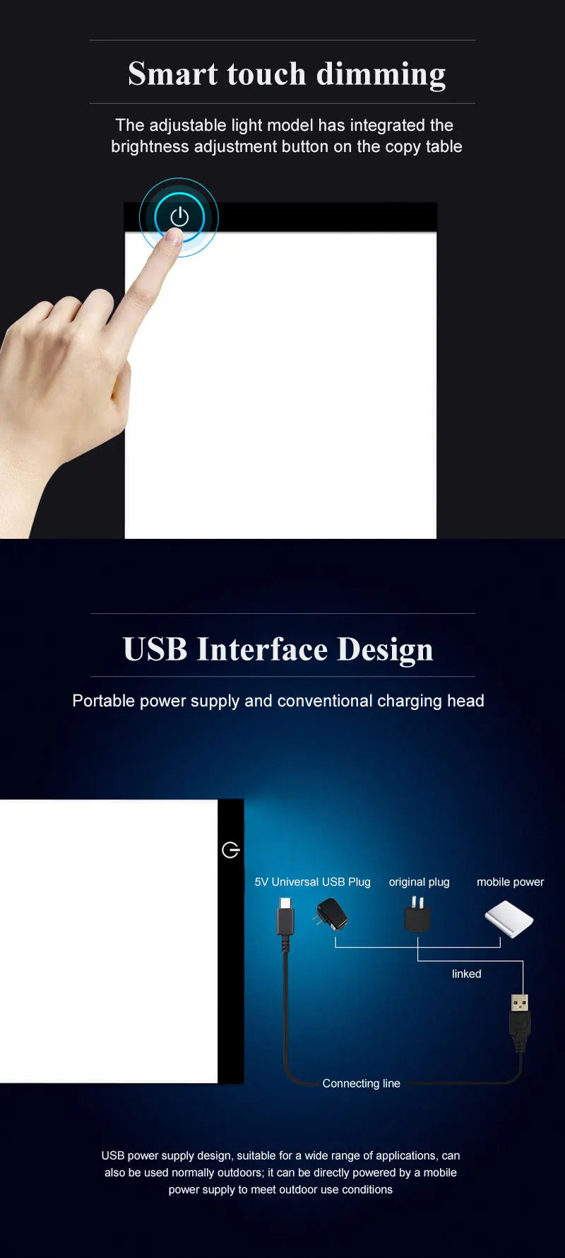 Diagram showing smart touch dimming feature and USB interface design for a portable power supply