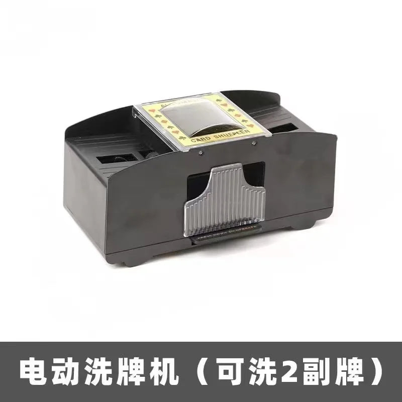 Black automatic card shuffler machine with a clear dispenser tray