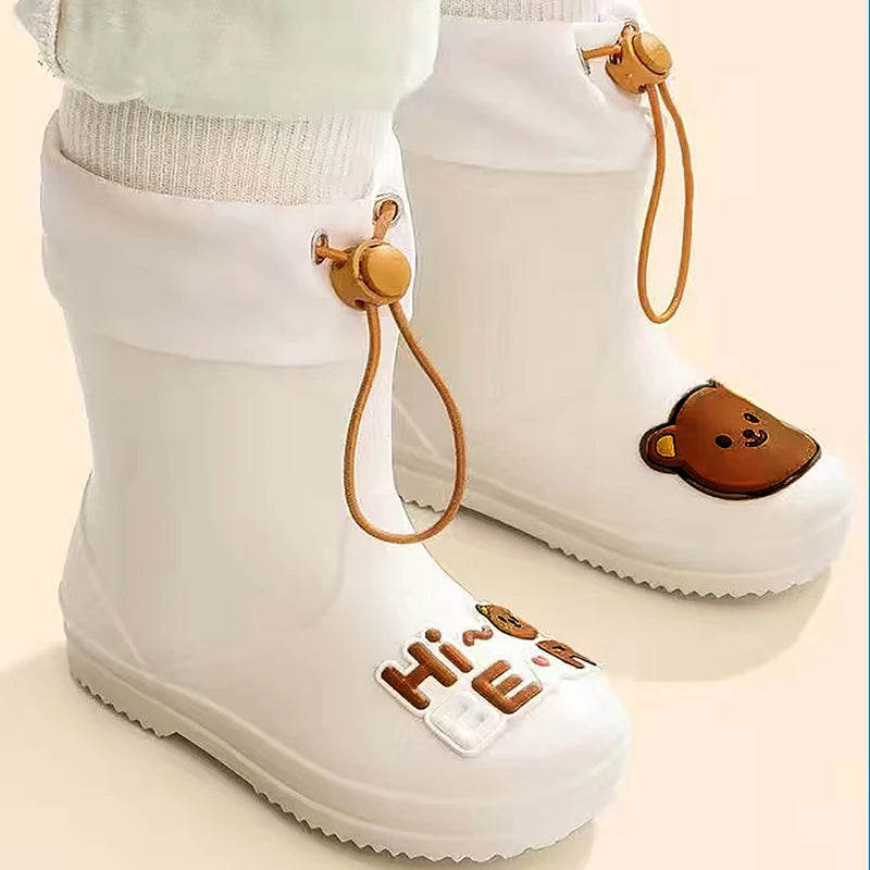 White waterproof bear rain boots for kids with anti-slip sole