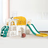 A white and yellow toddler slide and playground playset featuring a climbing structure and a slide.