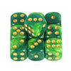A set of ten green dice with gold dots, used for board games and RPGs.