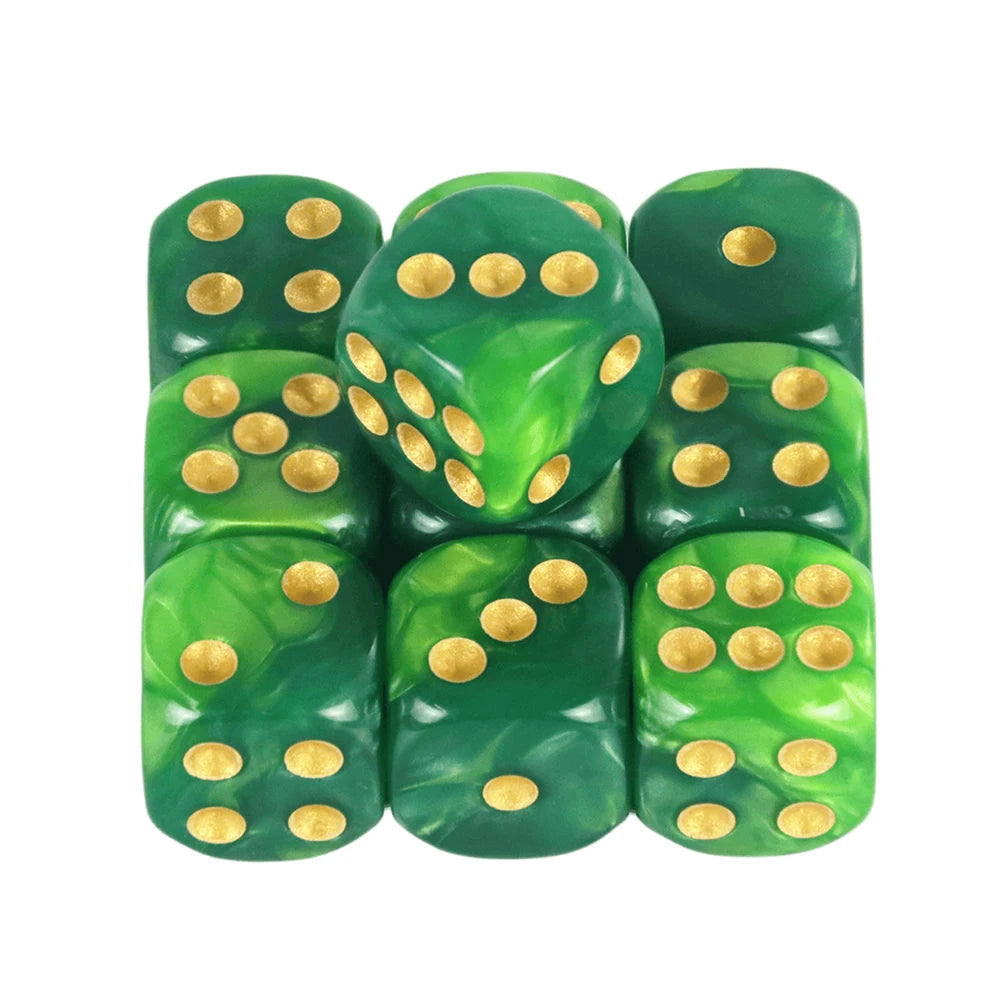 A set of ten green dice with gold dots, used for board games and RPGs.