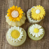 Three yellow and white sunflower silicone molds for candle making and soap crafting