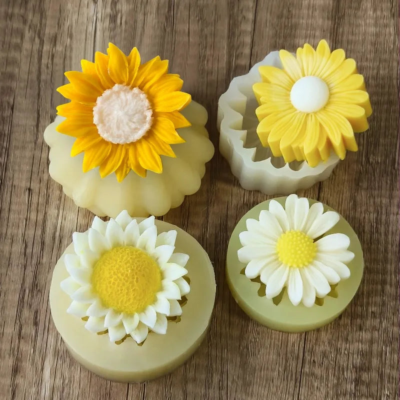 Three yellow and white sunflower silicone molds for candle making and soap crafting