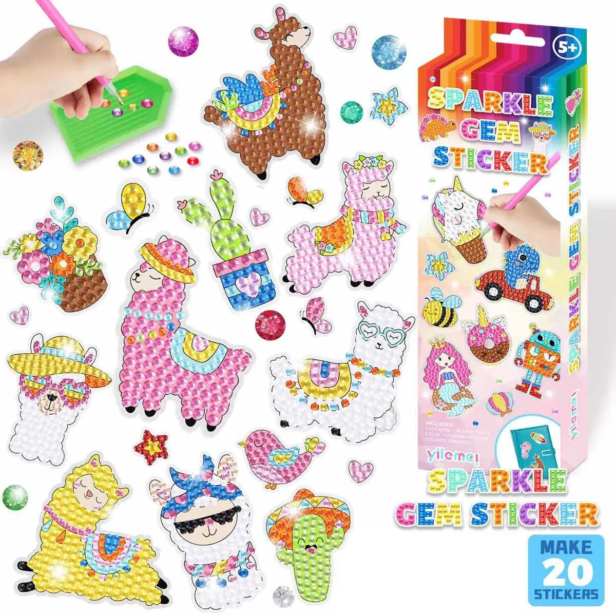 A colorful box of sparkle gem stickers and a green painting tool kit for kids