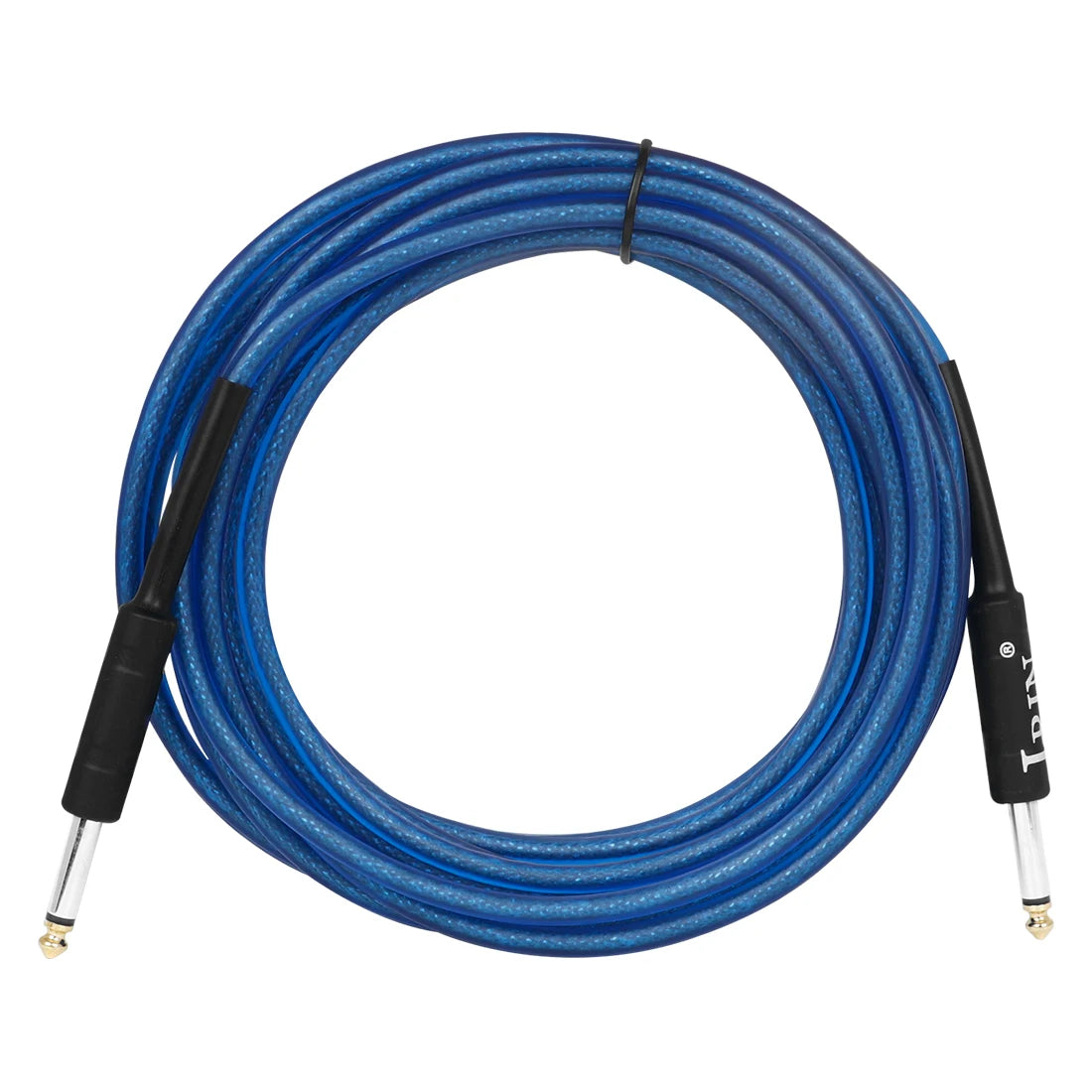 Blue professional instrument cable with noise reduction shielding coiled in a circle