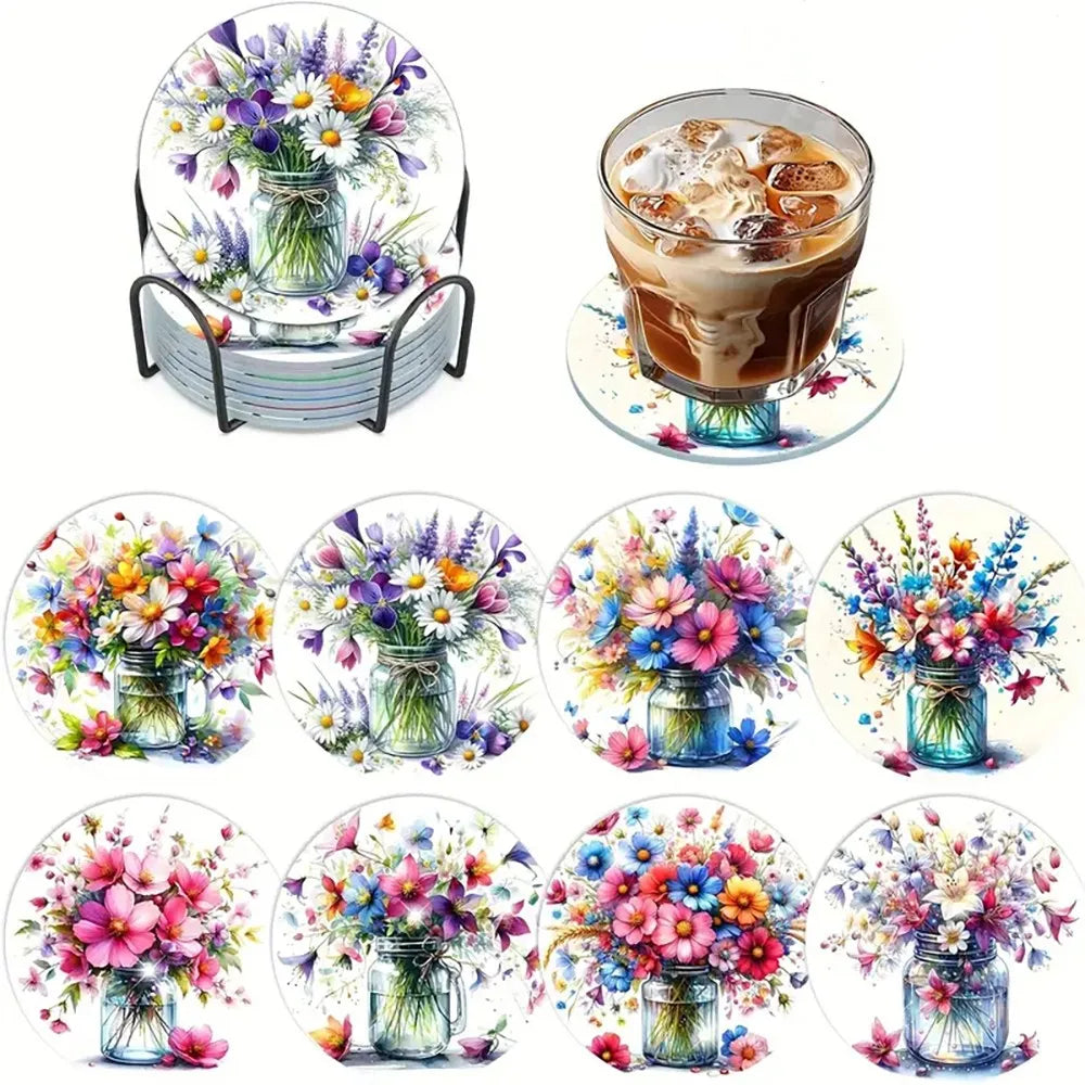 A collection of colorful floral diamond art coasters and a holder displayed on a white background.