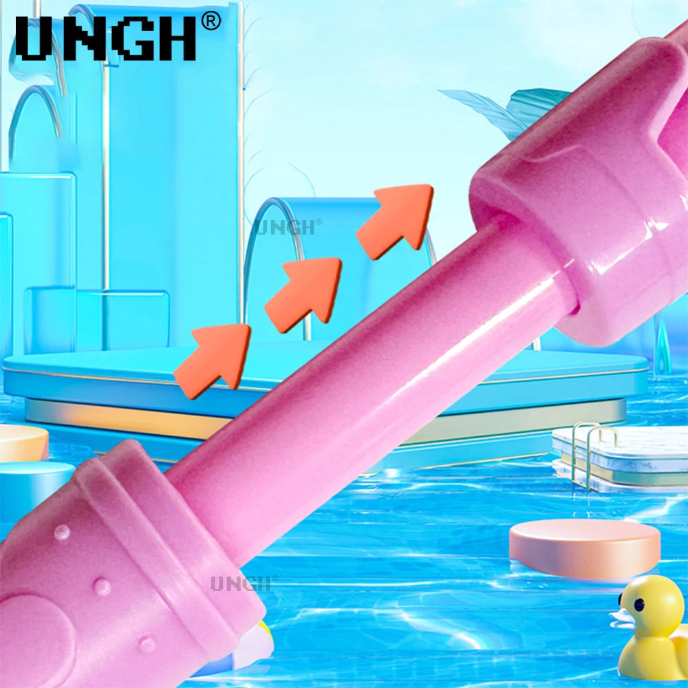 A pink pull-out water gun is shown in a bright blue pool or water setting.
