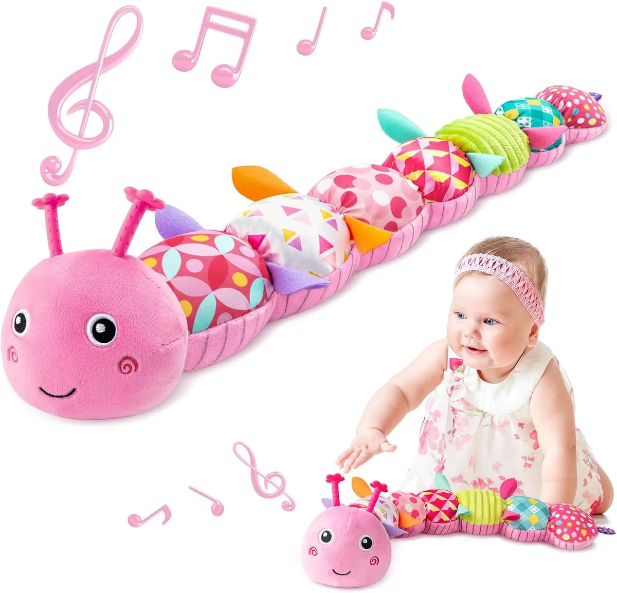 A pink caterpillar plush toy with musical notes attached, surrounded by colorful musical notes.