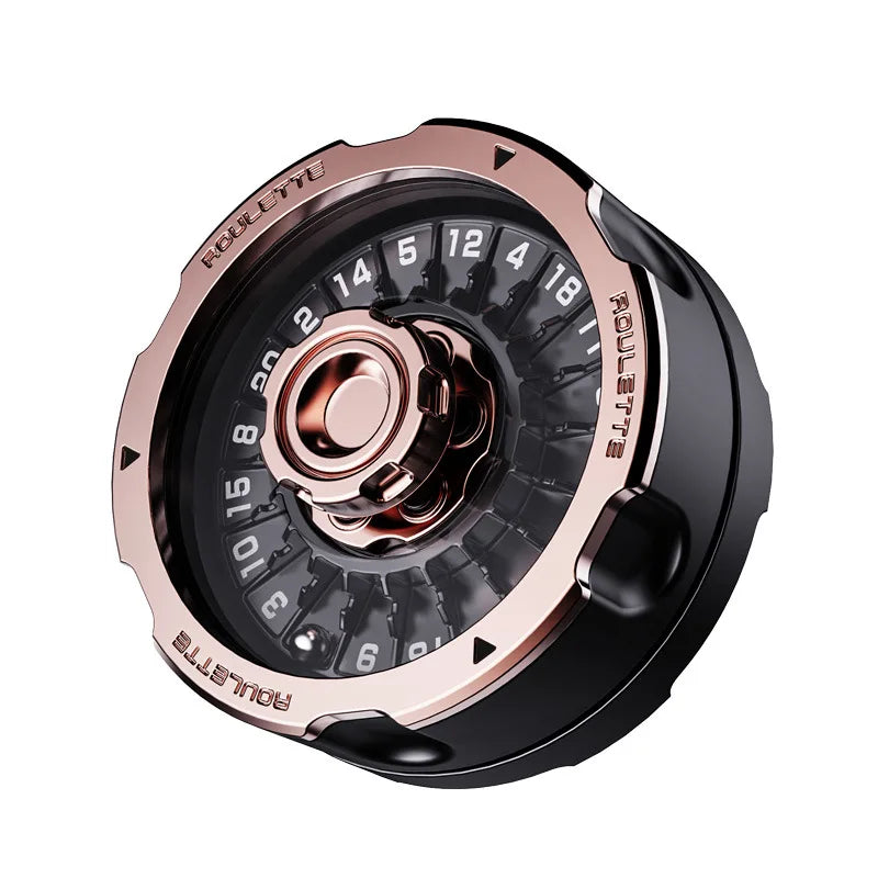 A close-up view of a rose gold and black D20 Lucky Roulette fidget spinner with numbered faces.