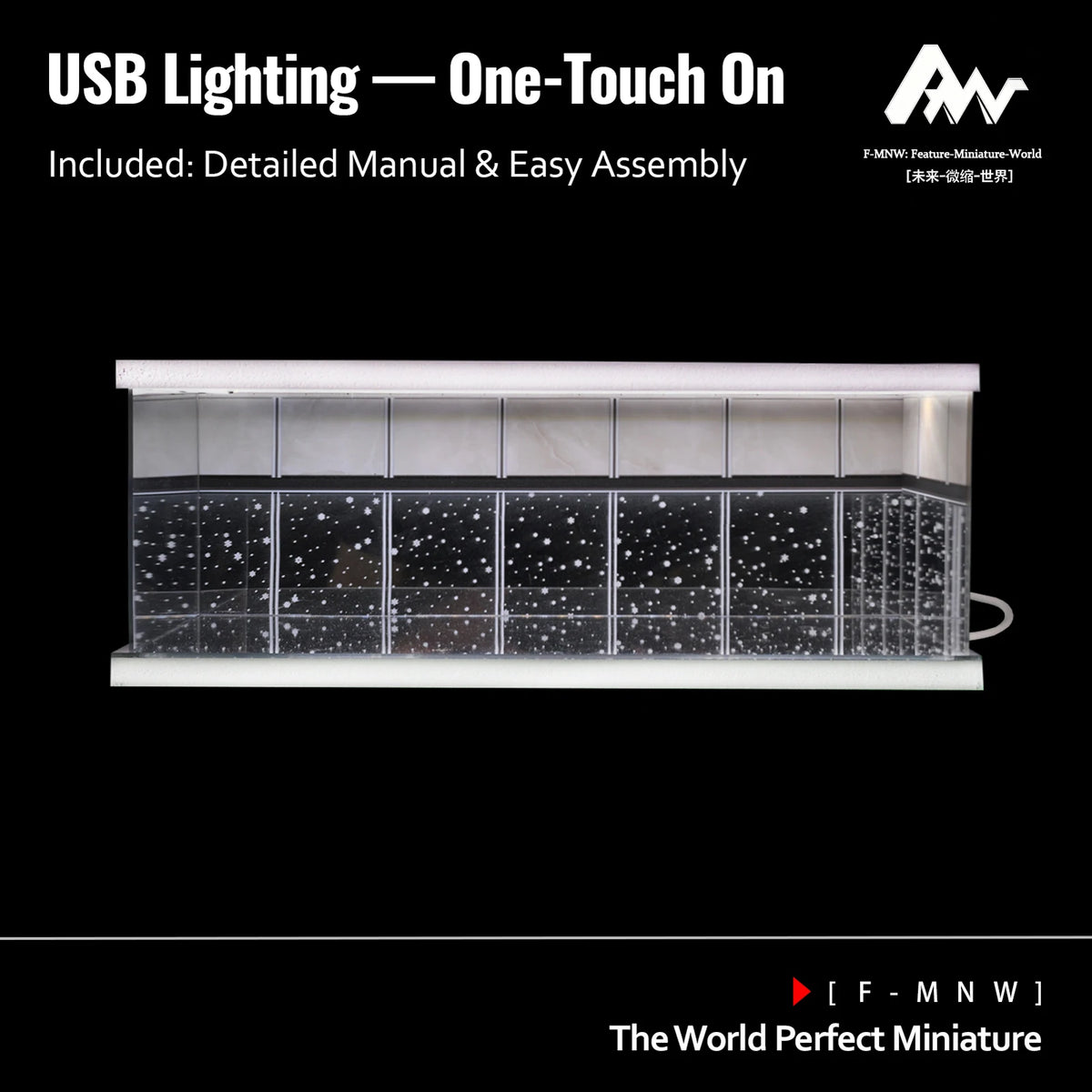 A rectangular acrylic showcase displaying numerous miniature lights inside a modular car display garage.