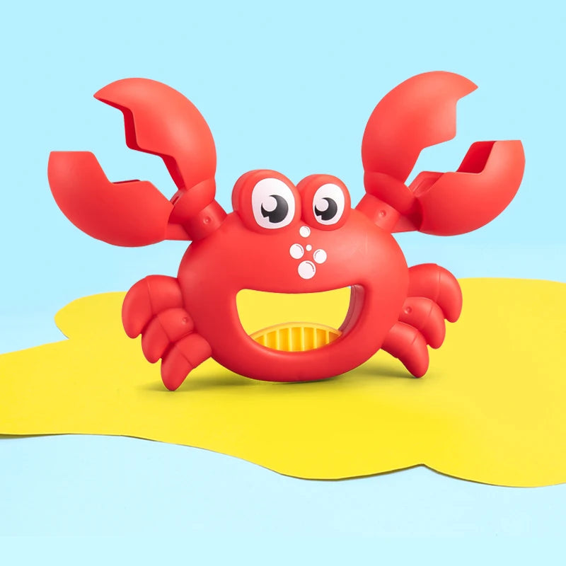 A bright red plastic crab toy with large claws and a yellow background.