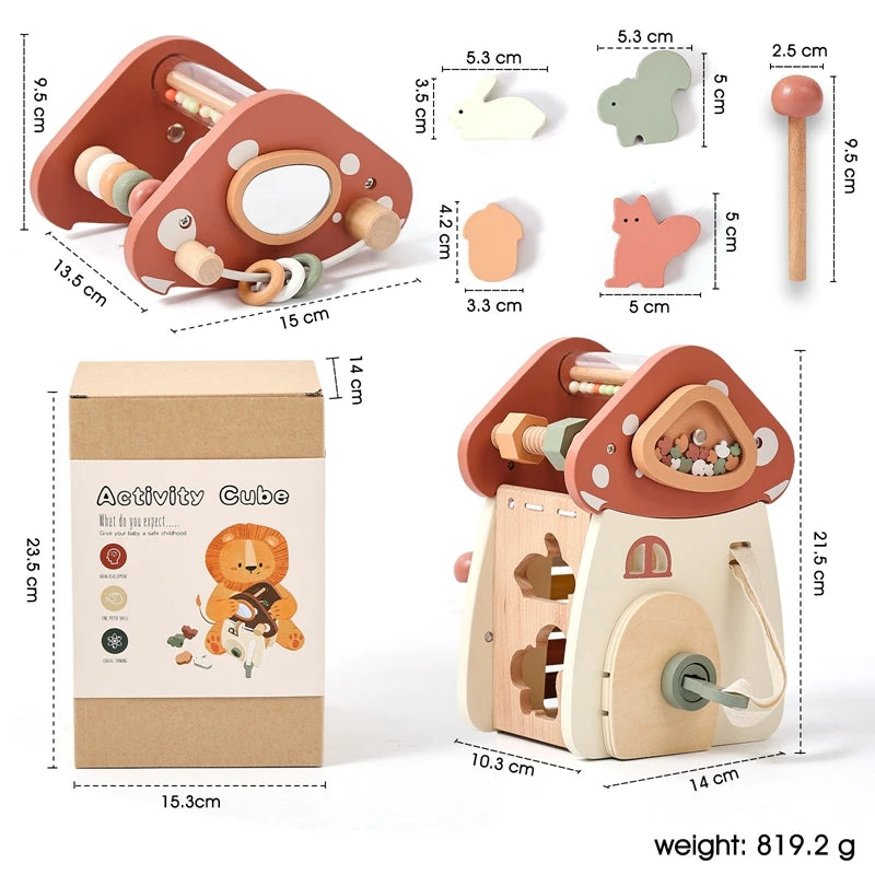 A wooden mushroom castle stacking toy with various shapes and puzzle pieces for children.
