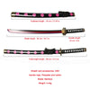 A wooden katana sword with a bamboo blade and black handle, shown with various length measurements.