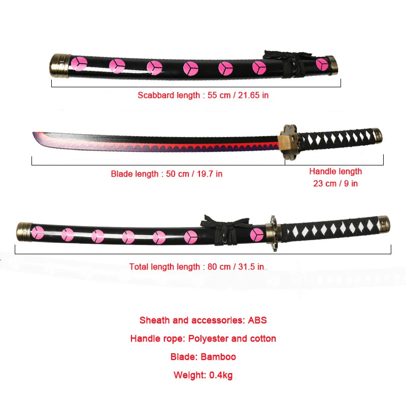 A wooden katana sword with a bamboo blade and black handle, shown with various length measurements.