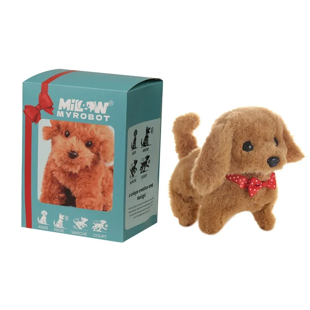A box for an interactive plush robot puppy toy with walking and barking features.