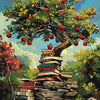 A vibrant painting of an apple tree bearing fruit, with a stack of books forming the trunk and branches.