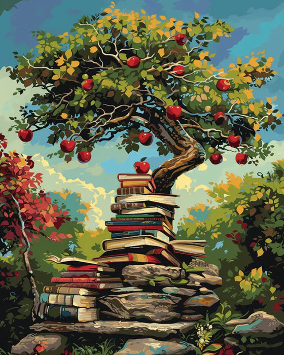 A vibrant painting of an apple tree bearing fruit, with a stack of books forming the trunk and branches.