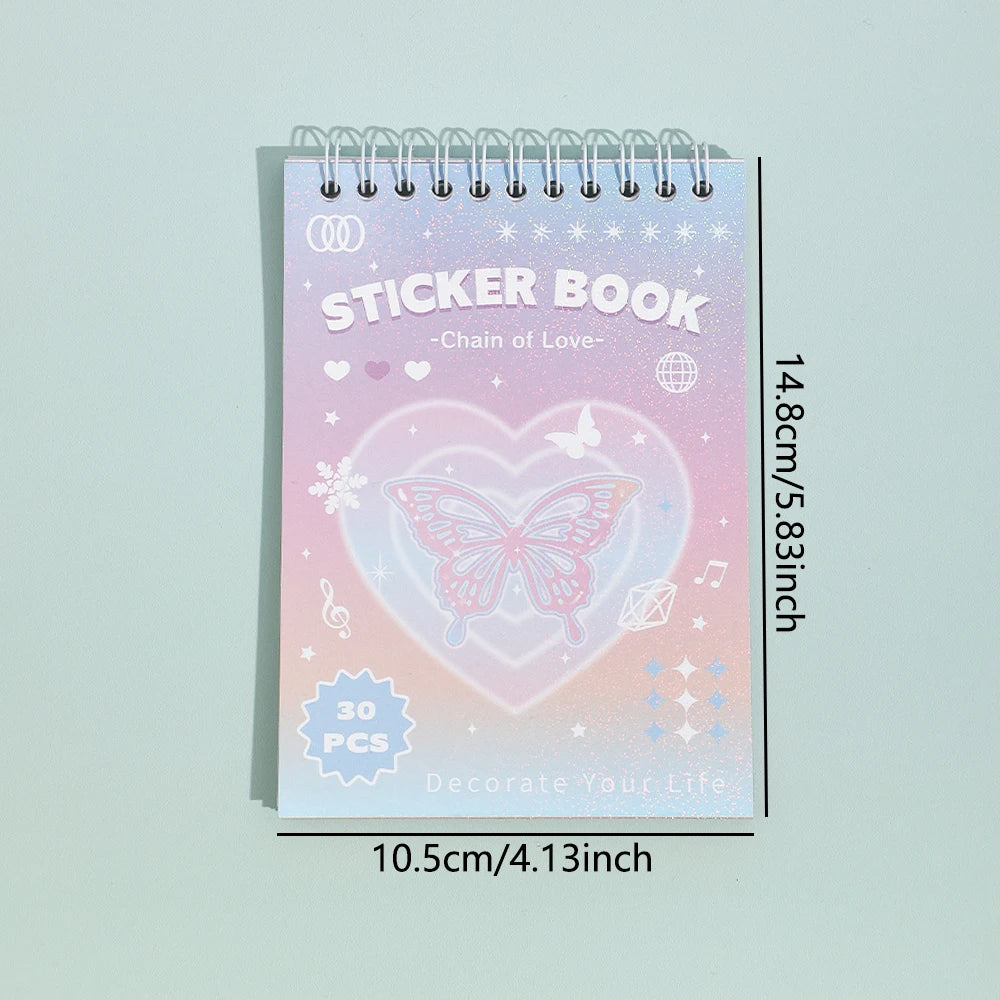 A pink sticker book titled Chain of Love featuring 30 unique fantasy aesthetic stickers for decorating journals.