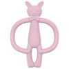 A pink silicone toy shaped like a rabbit with a bow and teary eyes.