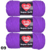 Three skeins of purple Super Soft Yarn labeled GVD YARN for crochet and knitting