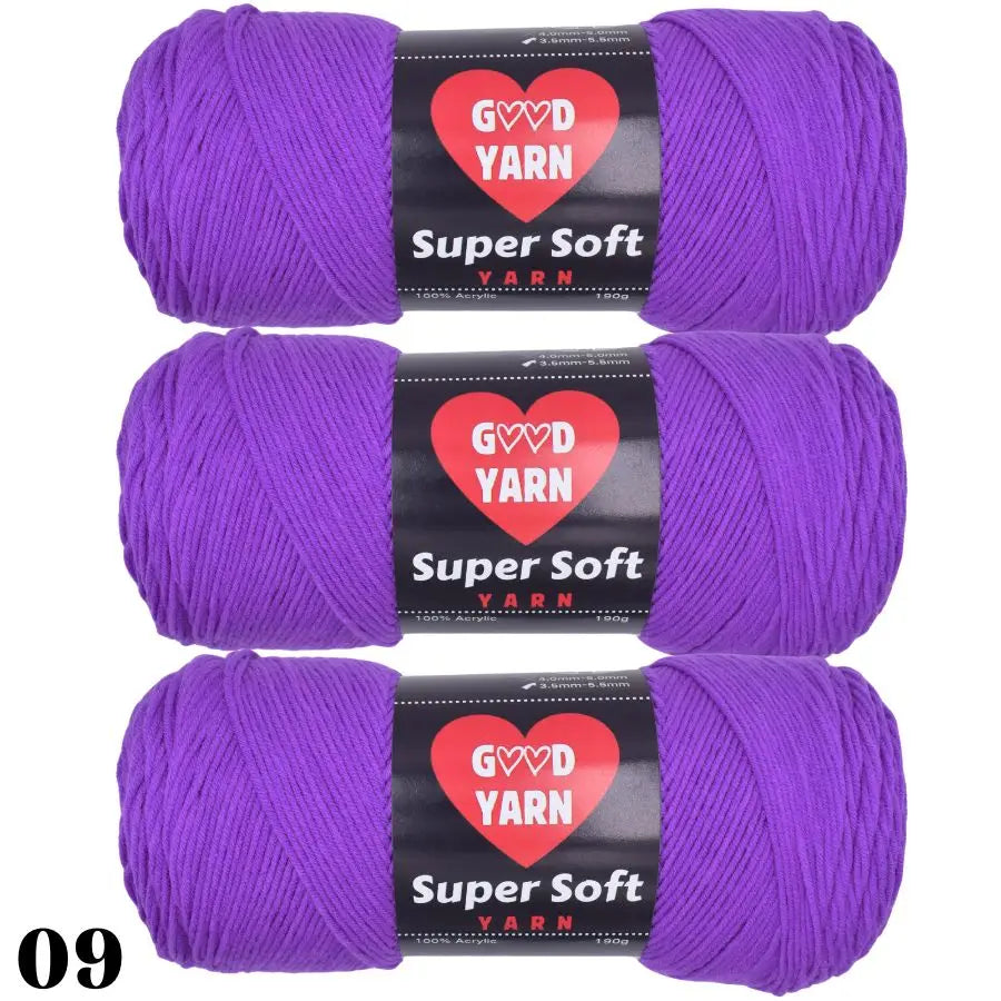 Three skeins of purple Super Soft Yarn labeled GVD YARN for crochet and knitting