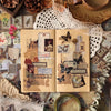A vintage-style leather-bound journal or scrapbook page featuring decorative elements and pressed flowers on a rustic surface