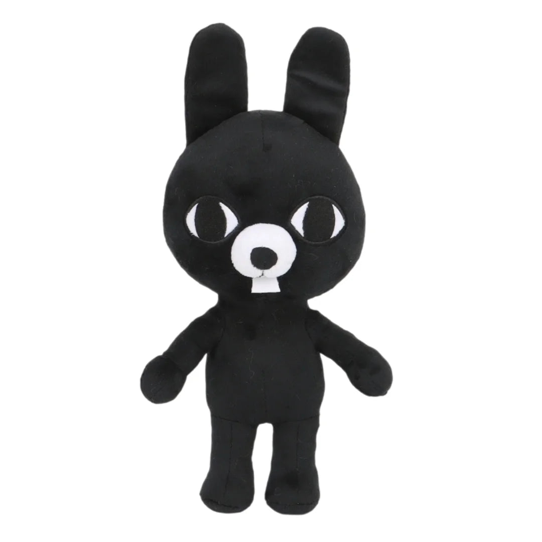 A black plush stuffed animal resembling a bunny with large eyes and a snout.