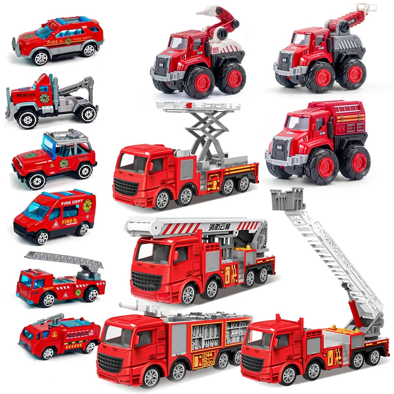 A collection of red die-cast fire fighting vehicles, including a ladder truck and various rescue vehicles.