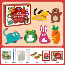 A DIY handmade material package featuring felt animals like a yellow cat, brown bear, green frog, and an orange carrot.