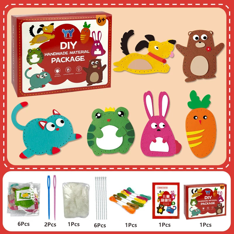 A DIY handmade material package featuring felt animals like a yellow cat, brown bear, green frog, and an orange carrot.