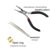 A set of jewelry pliers, tweezers, and an open ring shown on a white background.