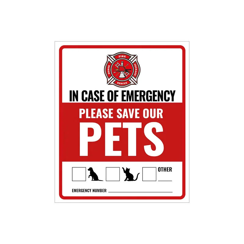 A red and white emergency alert sign for pets, instructing people to save pets in case of emergency.
