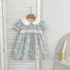 A light blue floral dress for girls with a white Peter Pan collar hanging on a wooden hanger.